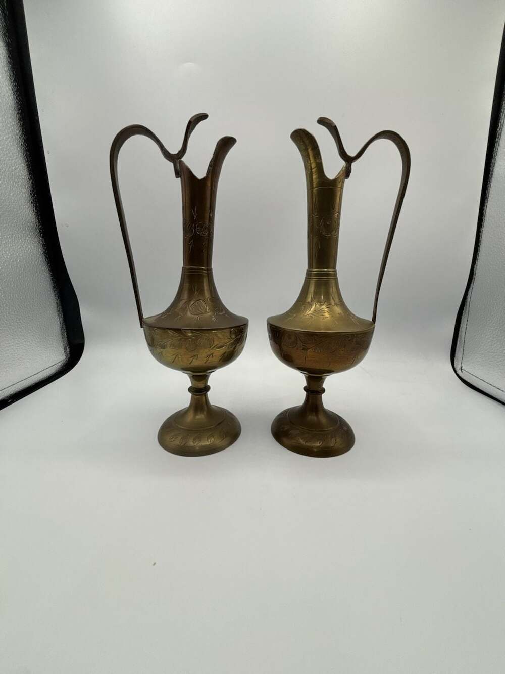 Vintage Hand-Etched Brass Ewer Pitcher Vase Pair